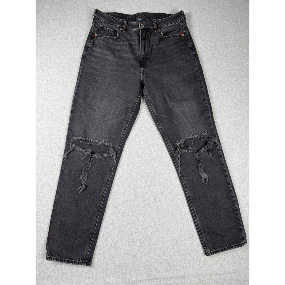 American Eagle Mom Jean 10 Black Distressed High Waisted Strigid Denim‎ Grunge